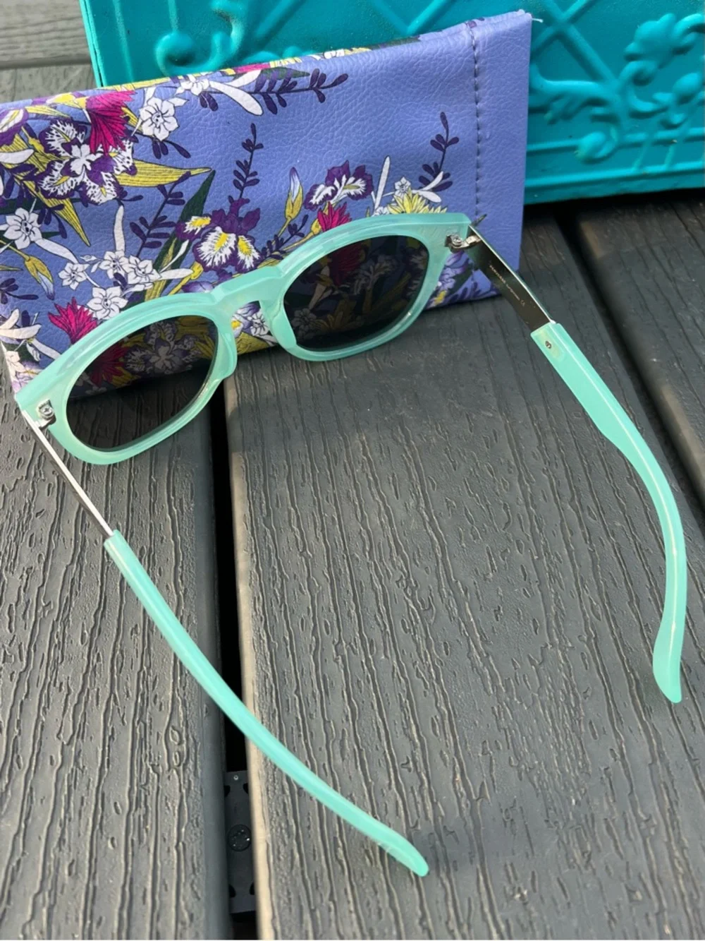 Retro Perverse Mirrored Light Blue Sunglasses w/ Floral Case UV400 Y2K
